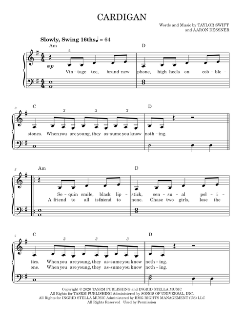 Cardigan - Taylor Swift (Easy Piano)