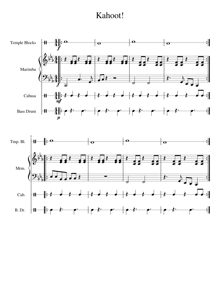 Kahoot! Sheet music for Bass drum, Marimba, Cabasa, Temple block  (Percussion Quartet) 