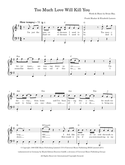 Too much love will kill you - Queen (Easy Piano)
