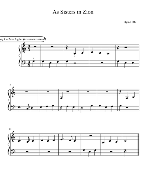 "As Sisters in Zion" (5-Finger Arrangement)