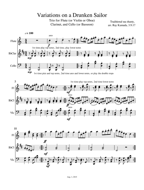 Drunken Sailor Theme and Variations, Trio for Flute (or Violin or Oboe), Clarinet, and Cello (or Bas (Arr. Ray Kamada) - traditional tune - original composer unknown (Small Ensemble)