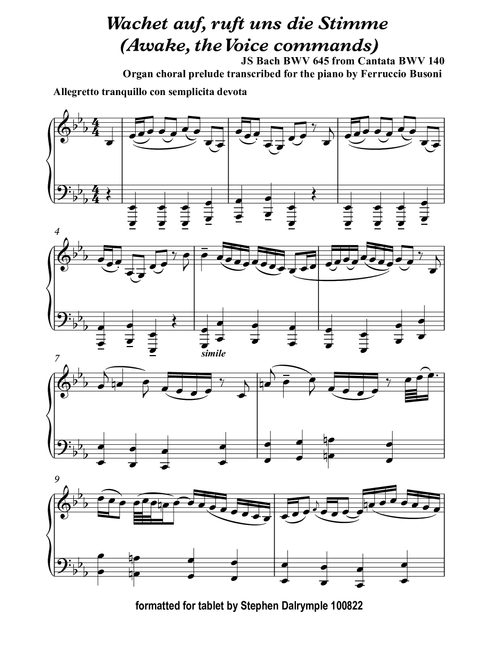 Wachet Auf (Classical Music for Tablet Series) (Arr. Edited by Stephen R. Dalrymple (Dalrymple Designs)) - Stephen R Dalrymple (Piano Solo)