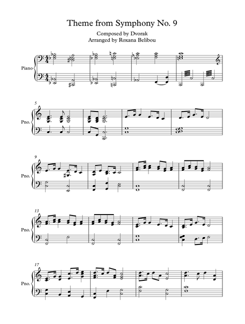 Theme from Symphony No. 9 by Dvorak Piano (Arr. Roxana Belibou) (Piano Solo)