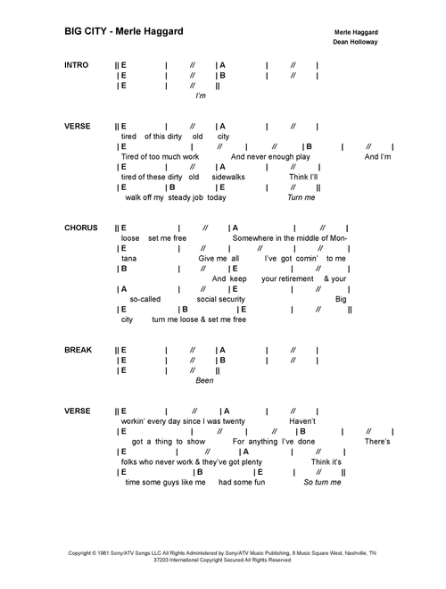 Big City (Arr. Bronson Ferdinand Wright) - Merle Haggard (Guitar Chords-Lyrics)
