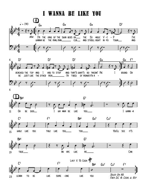 I Wanna Be Like You (Arr. Karel Eriksson) - Louis Prima, Bruce Reitherman, Phil Harris (Lead Sheet - Fake Book)