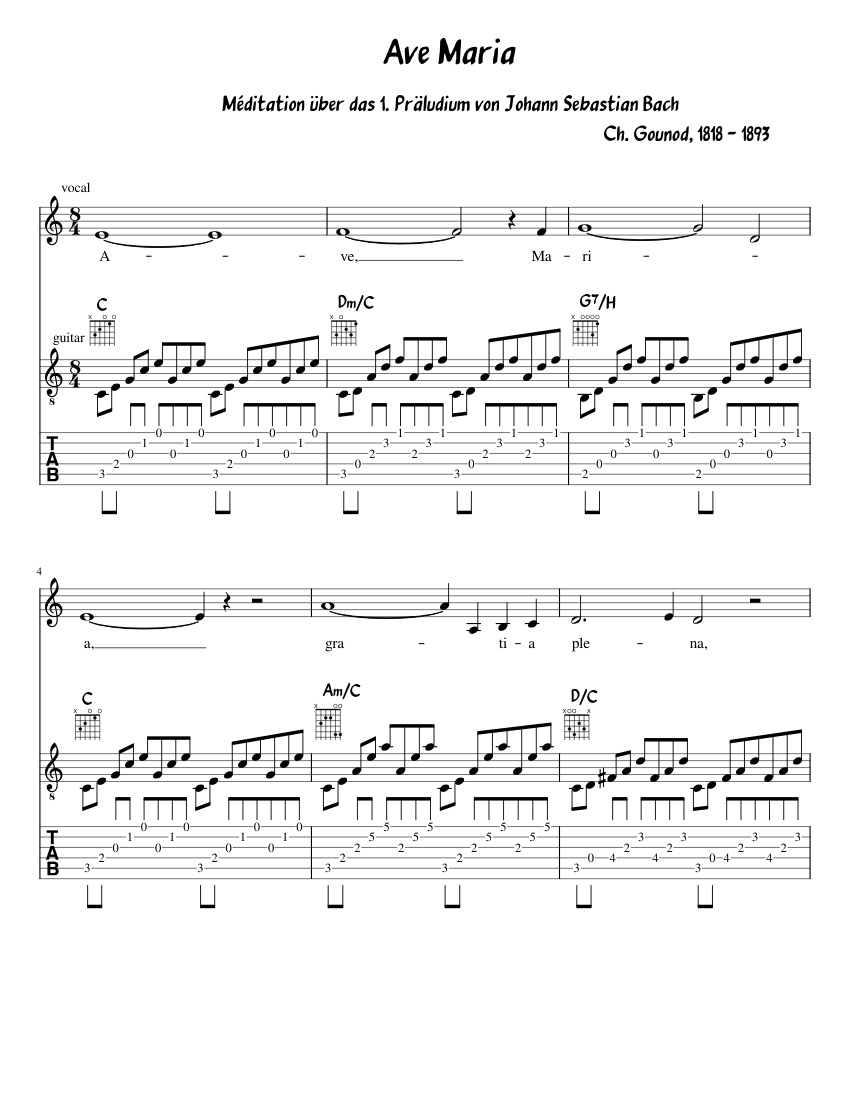 Ave Maria (Bach/Gounod) Sheet Music and Tab with Chords for Vocals ...