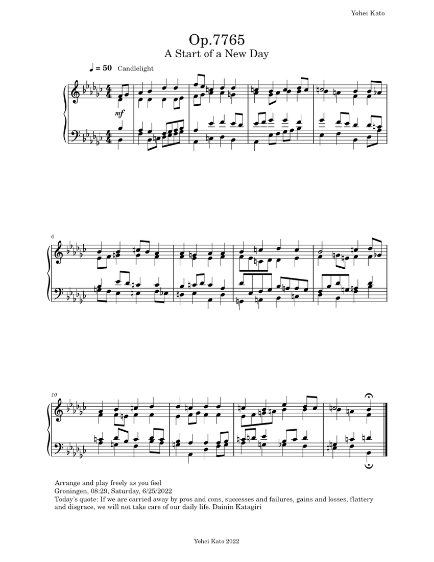 Op 7765 a start of a new day sheet music for piano solo easy