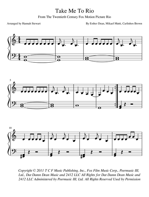 Let Me Take You To Rio (Blu's Arrival) (Arr. Hannah Stewart) - Esther Dean, Carlinhos Brown, Mikael Mutti (Easy Piano)