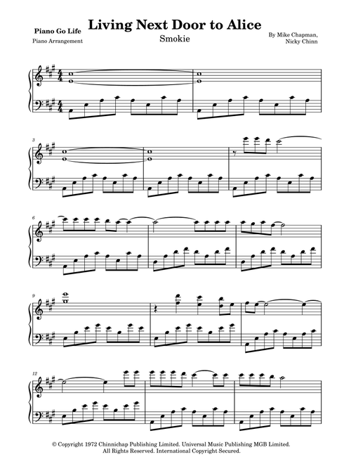 Living Next Door To Alice (Arr. Piano Go Life) - Mike Chapman, Nicky Chinn (Piano Solo)