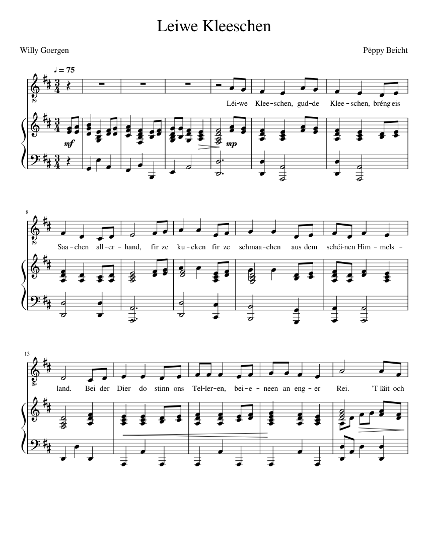 Léiwe Kleeschen Sheet Music for Piano, Vocals (Piano-Voice) | MuseScore.com