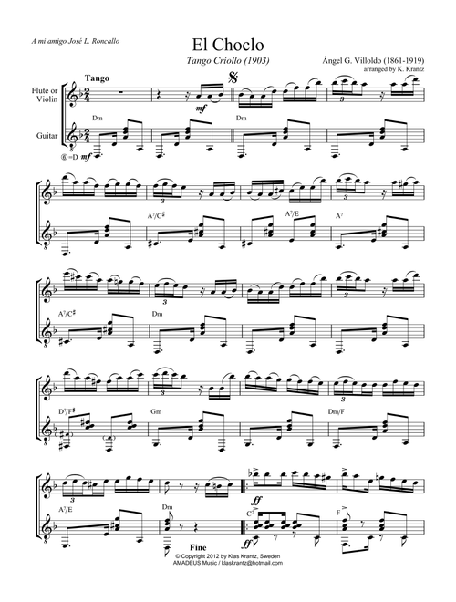 El choclo (tango) for violin or flute and guitar (D Minor) (Arr. K. Krantz) - A. Villoldo (Instrumental Duet)