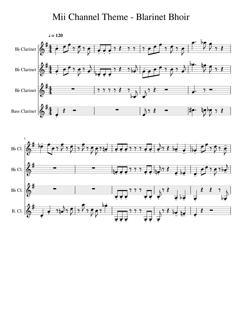 Mii Channel Theme Clarinet Quartet Sheet music for Clarinet in b-flat ...