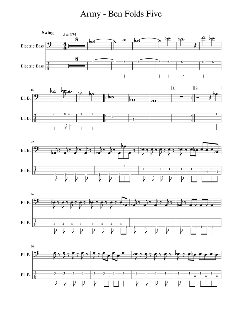 Army Ben Folds Five Sheet Music and Tab for Bass guitar (Solo