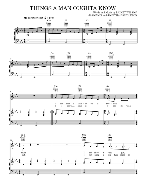 Things A Man Oughta Know - Lainey Wilson (Piano-Vocal-Guitar)