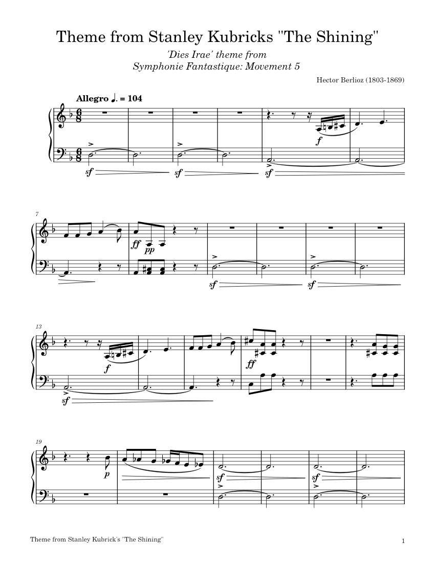 Theme from Stanley Kubricks The Shining Sheet music for Piano (Solo