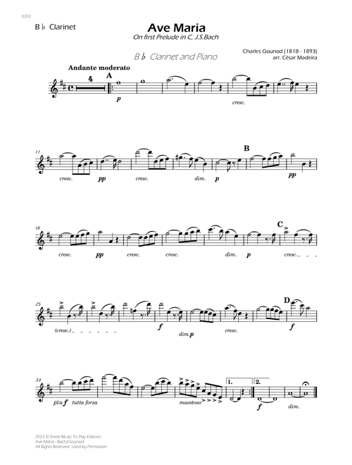 Ave Maria by Bach/Gounod - Bb Clarinet and Piano (Individual Parts) (Arr. César Madeira) - Johann Sebastian Bach, Charles Francois Gounod (Clarinet and Piano)