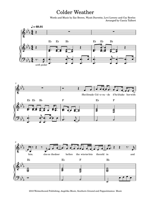 Colder Weather (Arr. Cascia Talbert) - Zac Brown Band (Piano Chords-Lyrics)