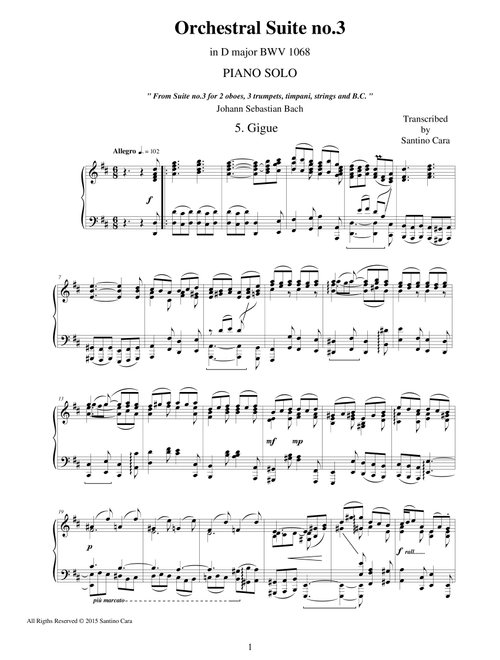 J.S.Bach - Orchestral Suite no.3 in D major BWV 1068 - 5. Gigue - Piano version (Arr. Santino Cara) - Bach Johann Sebastian (Piano Solo)