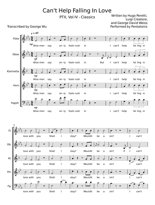 Can't Help Falling In Love - Pentatonix - Woodwinds Quintet