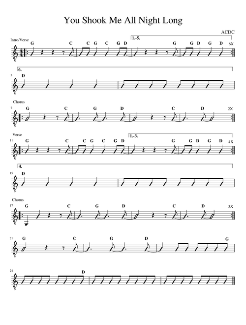 You Shook Me All Night Long - Guitar