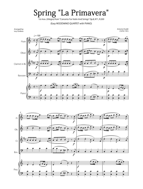 "Spring" (La Primavera) by Vivaldi - Easy version for WOODWIND QUARTET & PIANO (Arr. Iury Cardoso) - Antonio Vivaldi (Small Ensemble)