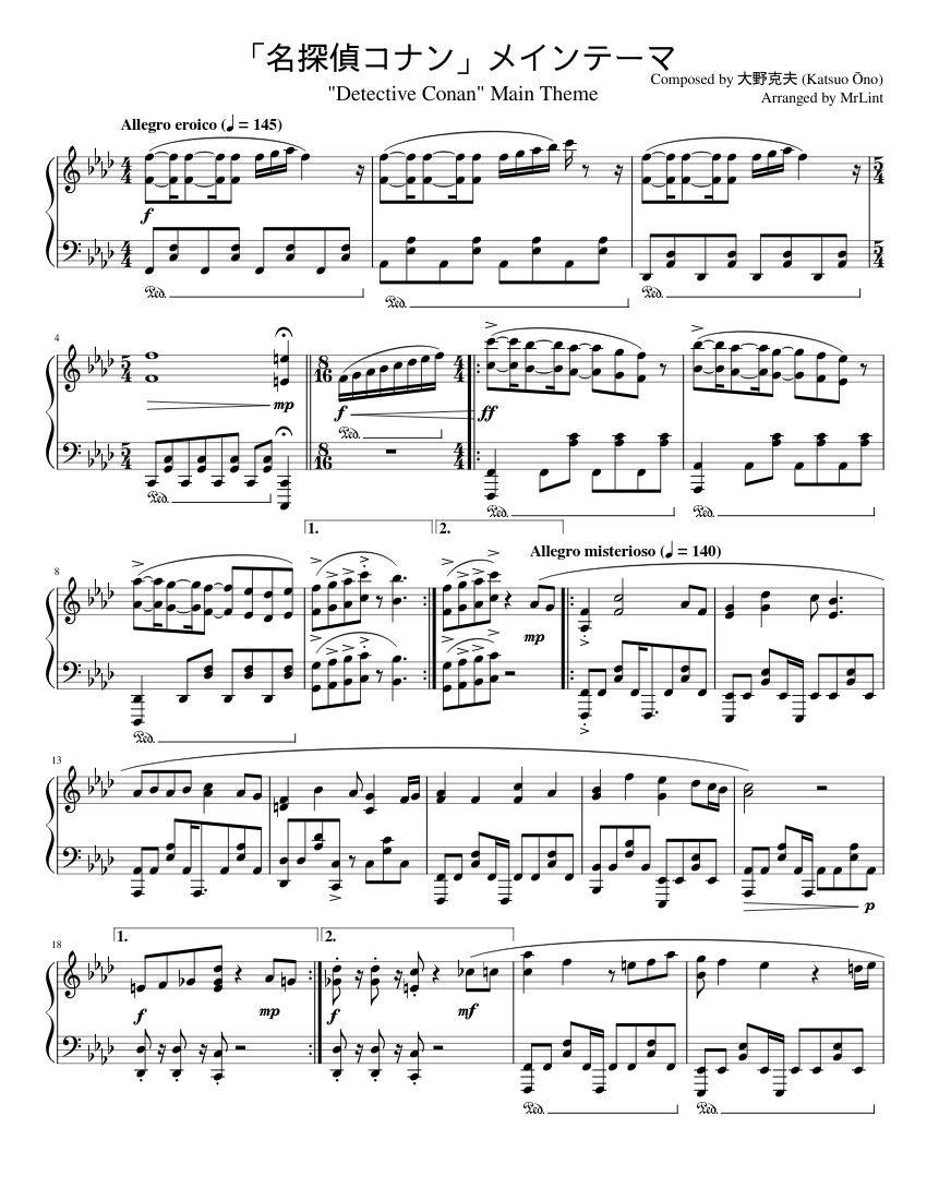 Detective Conan Main Theme Katsuo Ono Band Detective Conan Main Theme Sheet music for Piano Solo Musescore