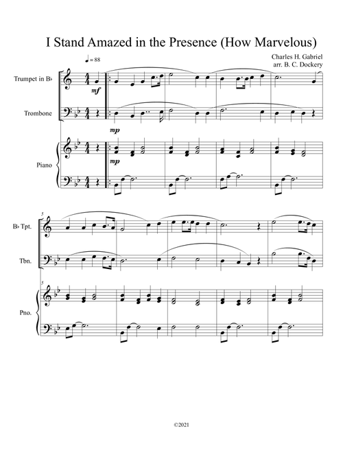 I Stand Amazed in the Presence (How Marvelous) for trumpet and trombone duet with optional piano acc (Arr. B. C. Dockery) - Charles H Gabriel (Instrumental Duet and Piano)