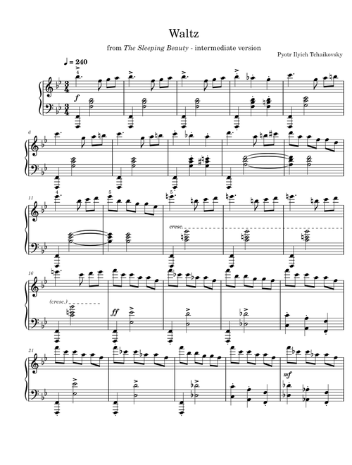 Tchaikovsky - Waltz from "The Sleeping Beauty" (Full Piano Solo) (Intermediate)