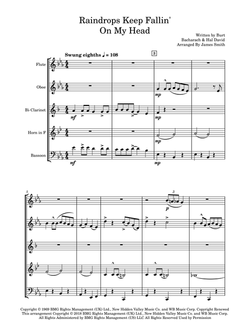 Raindrops Keep Fallin' On My Head (Arr. James Smith) - BJ Thomas (Woodwind Ensemble)