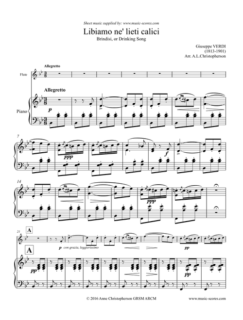 Verdi: Libiamo ne lieti calici - Brindisi from La Traviata - Flute & Piano (Arr. Anne L Christopherson GRSM ARCM) - Verdi Giuseppe (Flute and Piano)