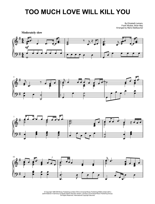 Too Much Love Will Kill You (Arr. Mario Stallbaumer) - Queen (Piano Solo)