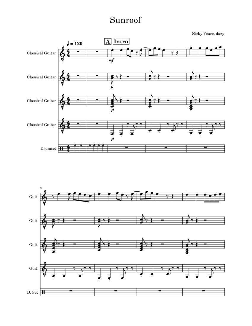 Sunroof V.2 2 Sheet music for Guitar, Drum group (Mixed Quintet