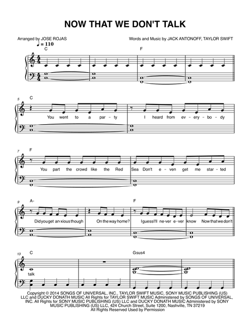Now That We Don't Talk (Arr. Jose Rojas) - Taylor Swift (Easy Piano)