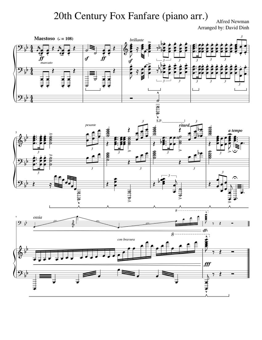 20th Century Fox Fanfare (piano arr.) Sheet Music for Piano (Solo