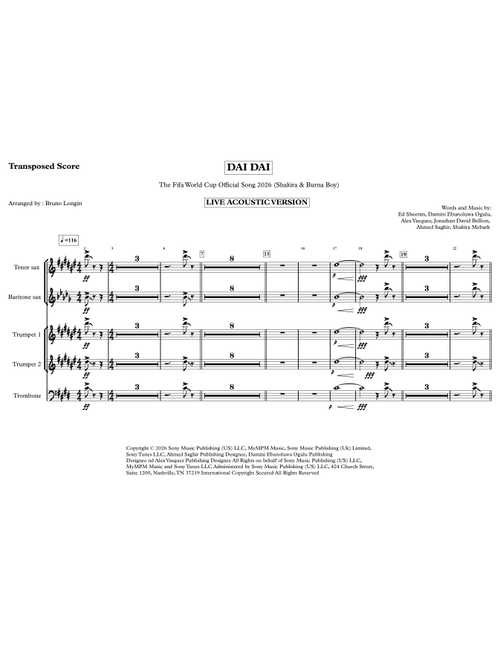 Dai Dai (Arr. BRUNO LONGIN) - Shakira & Burna Boy (Small Ensemble)