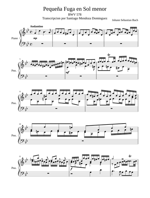 Johann Sebastian Bach' s Little Fugue in G minor BWV 578 Piano arrangement ( Pequeña Fuga en Sol menor )