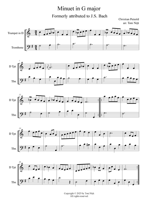 Minuet in G major, BWV Anh.114 (Petzold, Christian) for Trumpet in D & Trombone (Arr. Toni Nita) - Christian Petzold (Instrumental Duet)