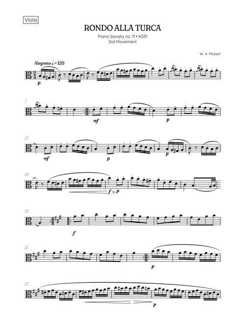Rondo Alla Turca (Turkish March) • viola sheet music (Arr. Benzaiten Editions) - Wolfgang Amadeus Mozart (Viola Solo)