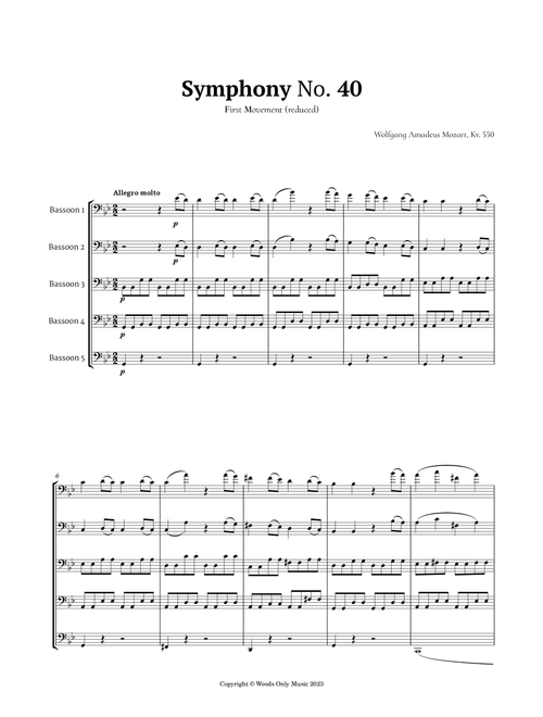 Symphony No. 40 by Mozart for Bassoon Quintet (Arr. Ander) (Woodwind Ensemble)
