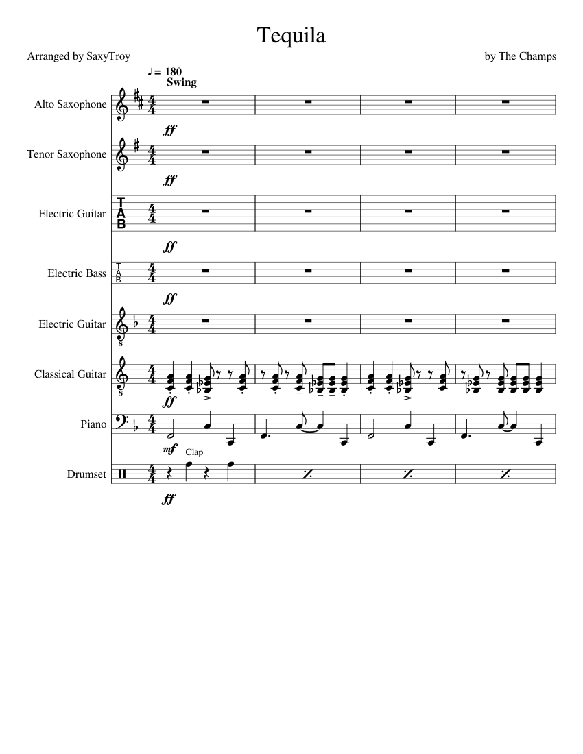 Tequila Sheet music for Piano, Saxophone alto, Saxophone tenor, Guitar & more instruments (Solo