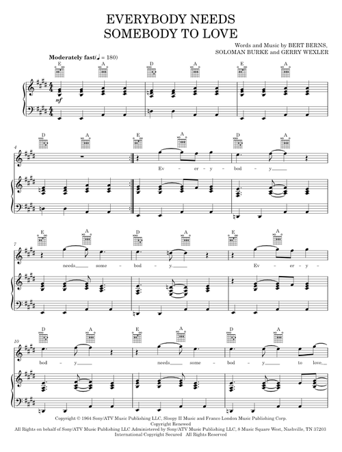 Everybody Needs Somebody To Love - Blues Brothers, Wilson Pickett (Piano-Vocal-Guitar)