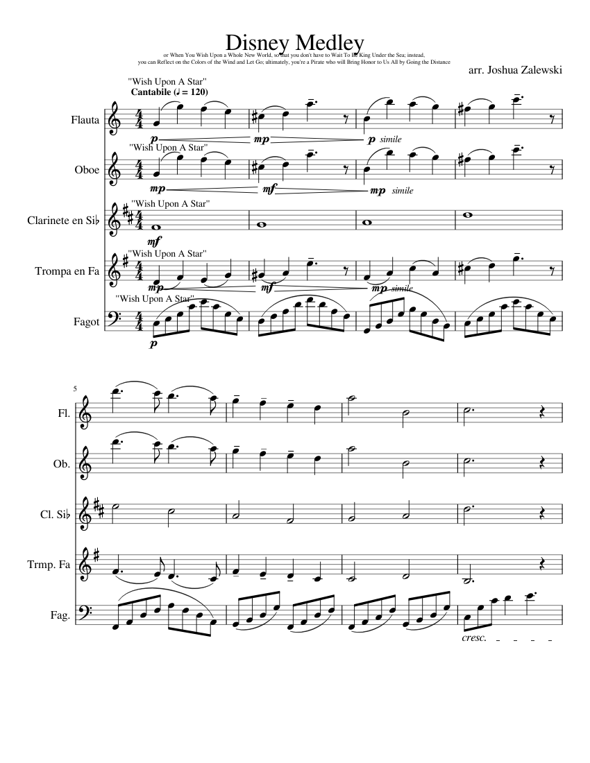 Disney Medley Sheet music for Flute, Oboe, in bflat, Bassoon & more instruments