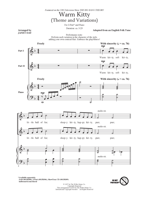 Warm Kitty (arr. Janet Day) - Edith Newlin, English Folk Tune, Laura Pendleton MacCarteney (Choral, 2-Part)