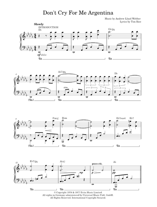 Don't Cry For Me Argentina - Andrew Lloyd Webber, Evita Musical, Madonna (Piano-Vocal-Guitar (Piano Accompaniment))