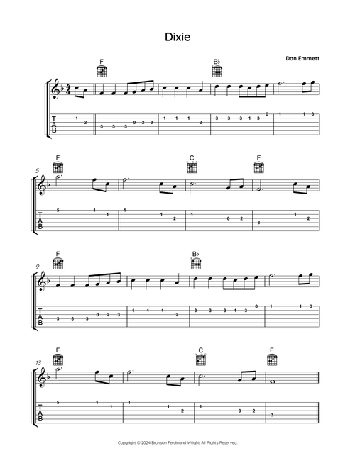 Dixie (Arr. Bronson Ferdinand Wright) - Dan Emmett (Easy Guitar with TAB)