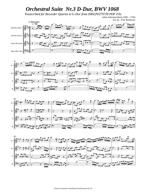 Bach, J. S. _ Orchestral Suite No.3, BWV 1068  [4 Recorders, in G]