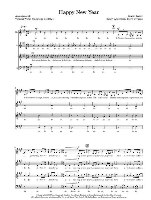 Happy New Year (Arr. Vincent Wong) - ABBA (Choral, SATB)