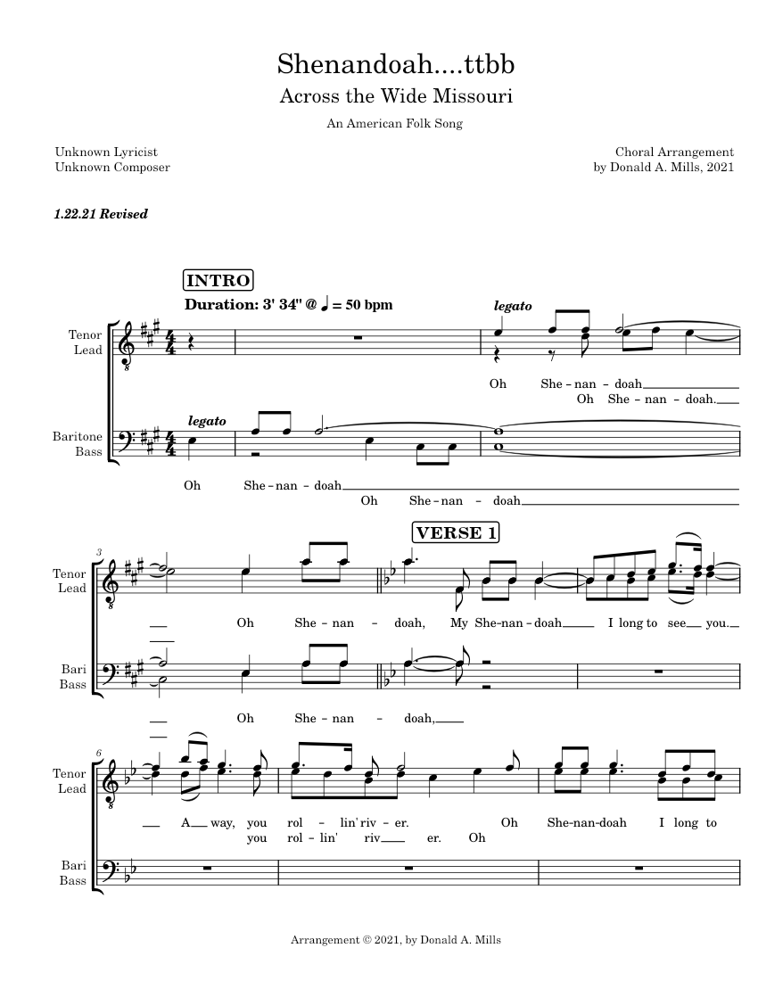 Shenandoah ttbb 13 2 Sheet Music for Tenor, Baritone (Men’s Choir ...