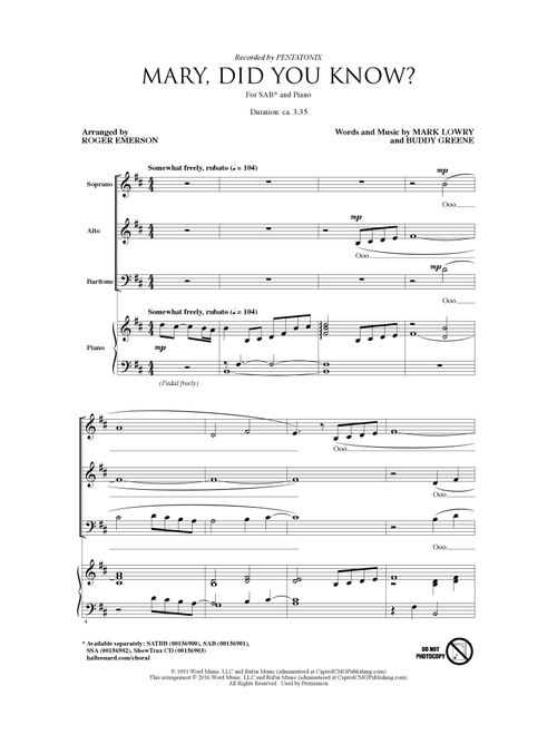 Mary, Did You Know? (arr. Roger Emerson) - Pentatonix, Kathy Mattea (Choral, SAB)
