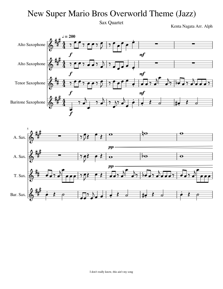 New Super Mario Bros Overworld Theme (Jazz) Sheet music for Saxophone ...